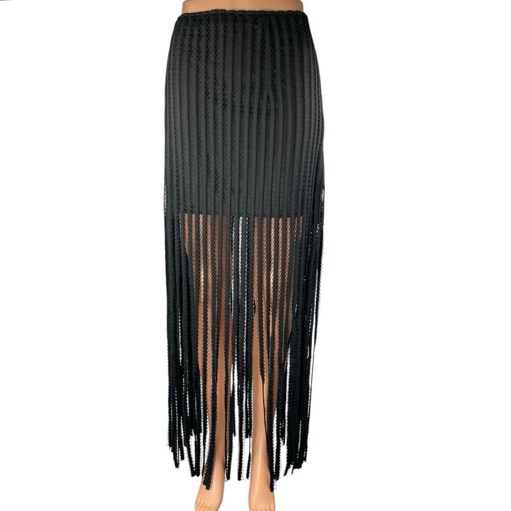 Ft Inc Black Ribbed Knit Fringe Trim Boho Maxi Straight Pencil A-Line Skirt Sz M